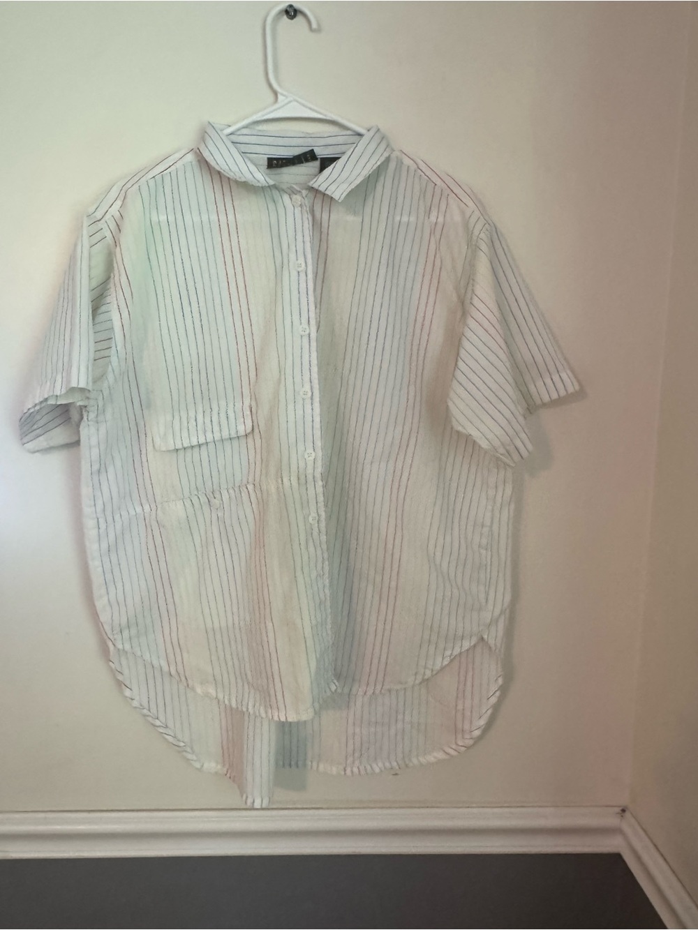 Vintage Giano White Short Sleeve Button Down with Rainbow Colored Pinstripes